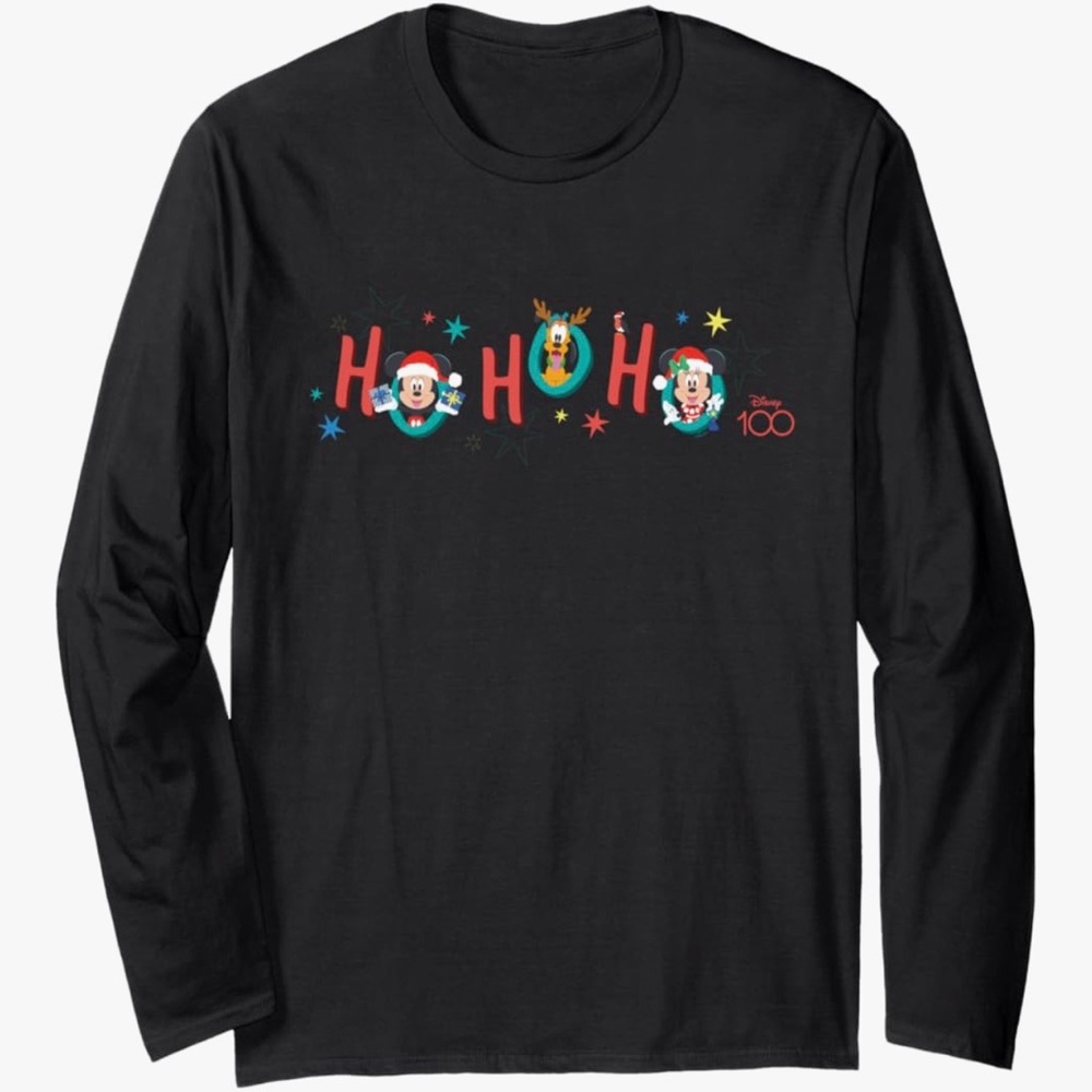 Disney Mickey Minnie Pluto Christmas Holiday Ho Ho Ho Long Sleeve T-Shirt